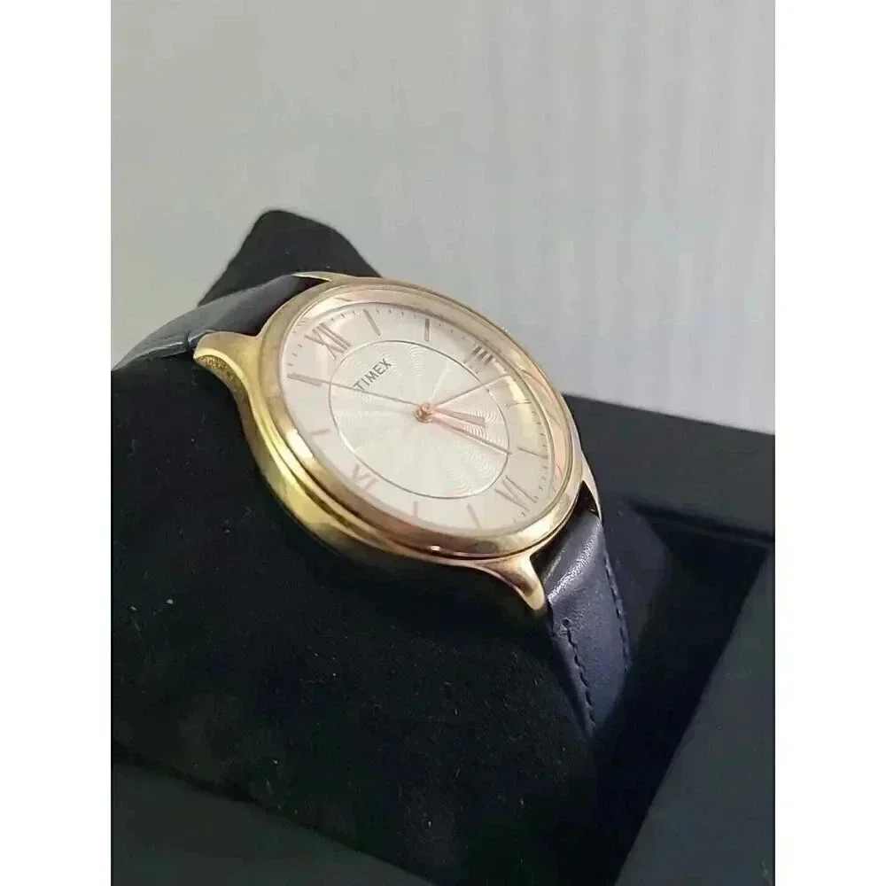 Womens Timex Peyton 36mm Rose Gold Tone Watch Navy Leather Strap New Battery